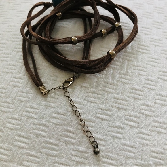 Blue Faux Druzy Bracelet Necklace Brown Suede - Picture 3 of 3